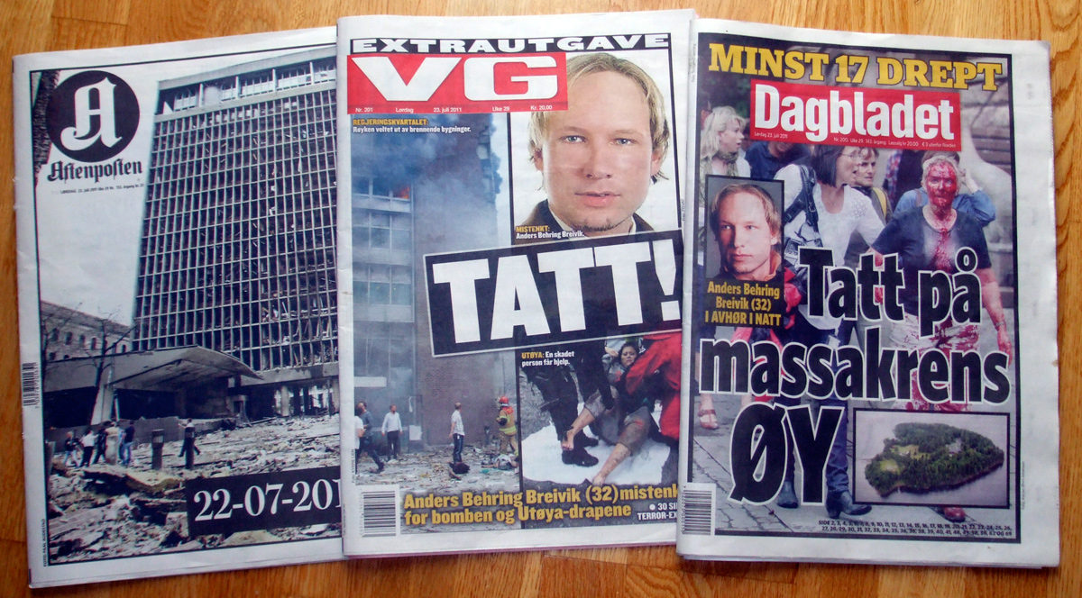 Norwegian newspaper headlines about the Oslo terror attacks