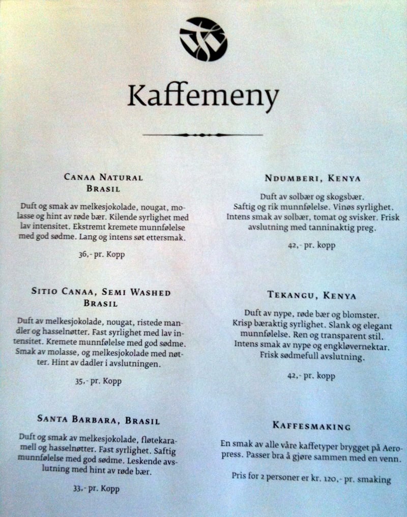 Coffee menu in Tim Wendelboe, Oslo