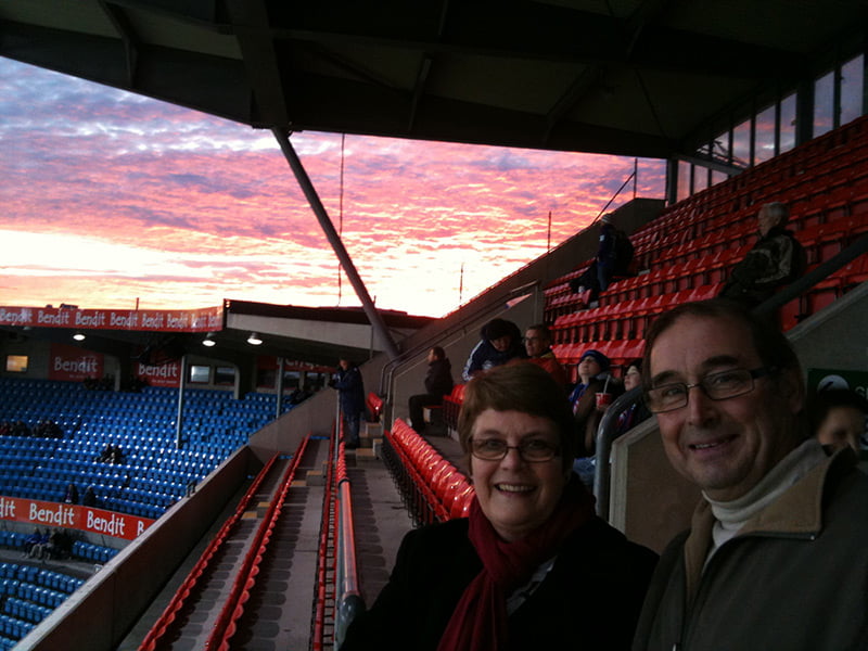 Mum and Dad at the Ullevaal with a beautiful Oslo sunset Upper tier seats at the Ullevaal Stadium in Oslo