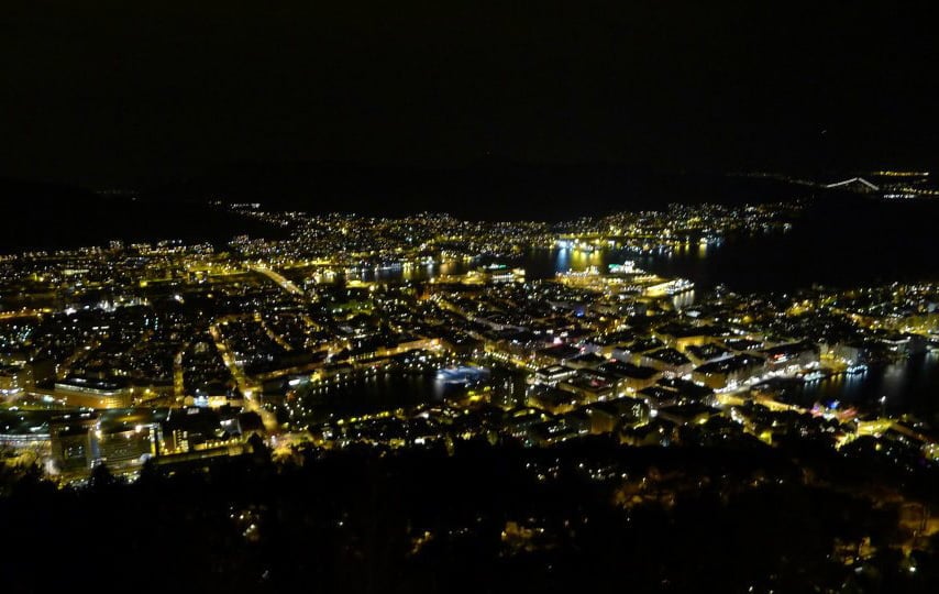 A nighttime panorama of Bergen, Norway