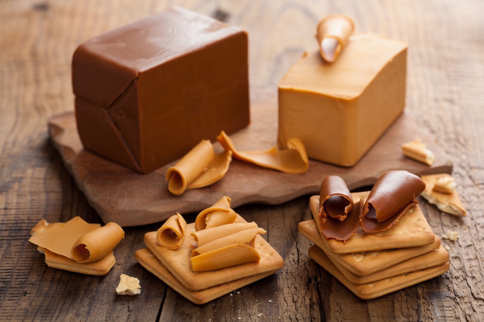 Blocks of Norwegian brown cheese, or brunost.