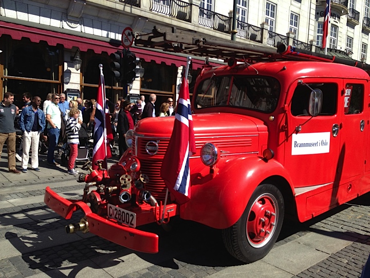 Retro red fire truck in Oslo