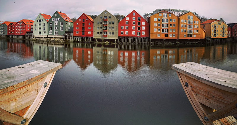A panorama view of Bakklandet and the Nidelva river in Trondheim, Norway