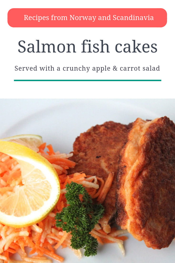 Scandinavian Recipe: Norwegian salmon fishcakes served with a crunchy apple and carrot salad