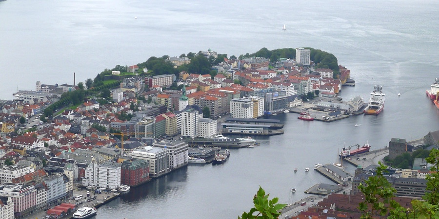 The view of central Bergen from the top of Mount Fløyen