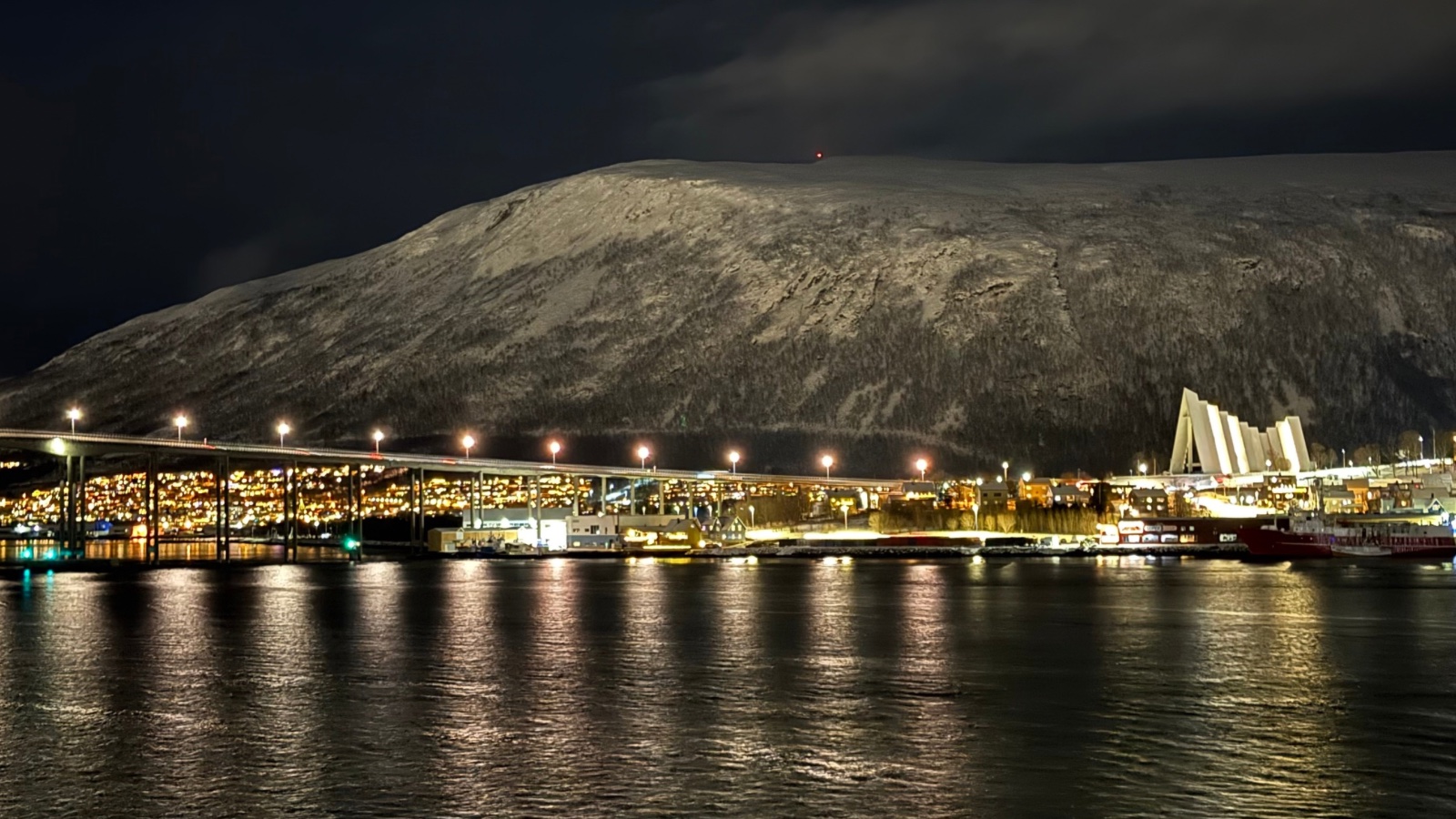 Tromsø Bridge and the Arctic Cathedral in the winter. Photo: David Nikel.