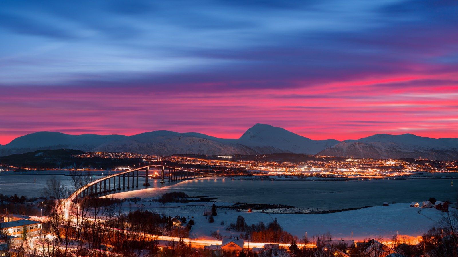 Bridge to Tromsø with a vivid sky.