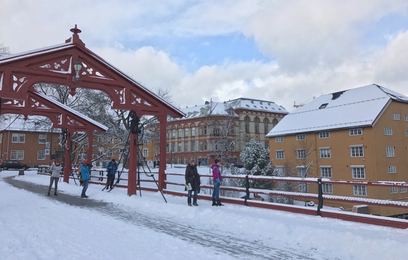 A snowy Gamle Bybro in Trondheim