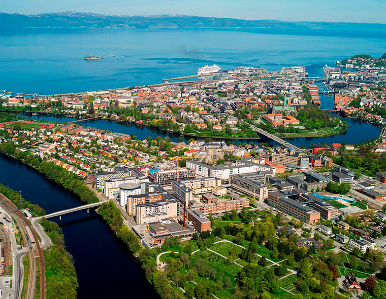 An aerial photo of St Olav's Hospital in central Trondheim, Norway