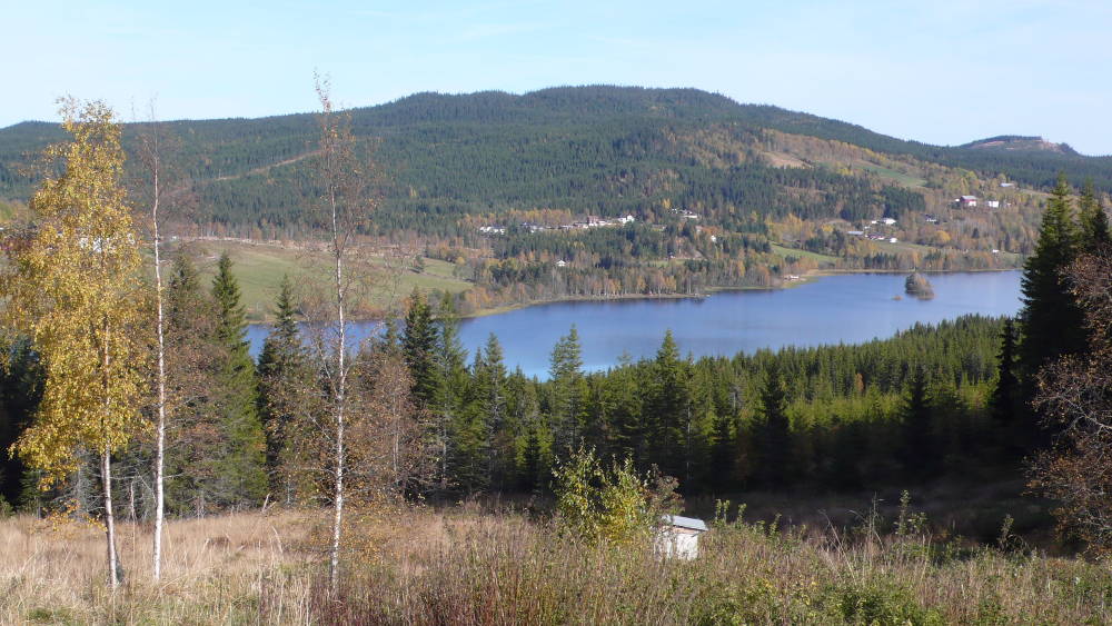 View of the lake, highest mountain in Landåsbygda (Venholhøgda) and part of the Landåsbygda community.