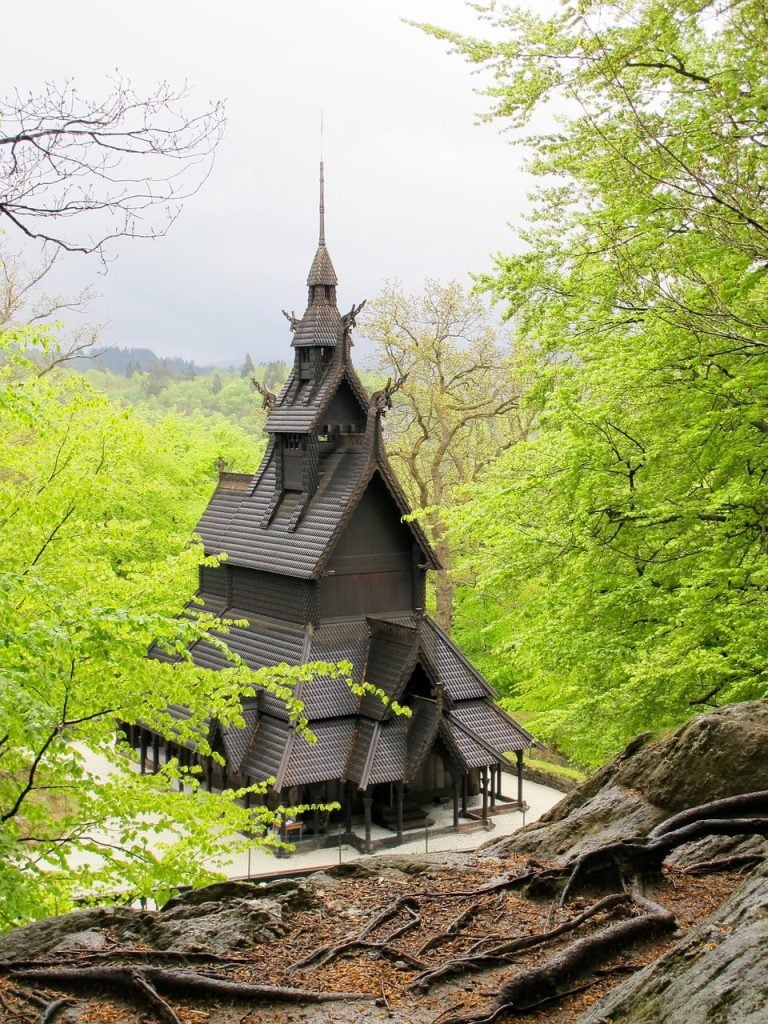 Stave Church in Fantoft, a suburb of Bergen, Norway