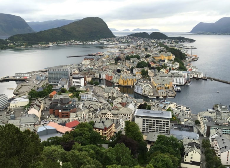 The spectacular view of Ålesund, Norway, from the Aksla viewpoint. You can walk up the stairs, or drive up!