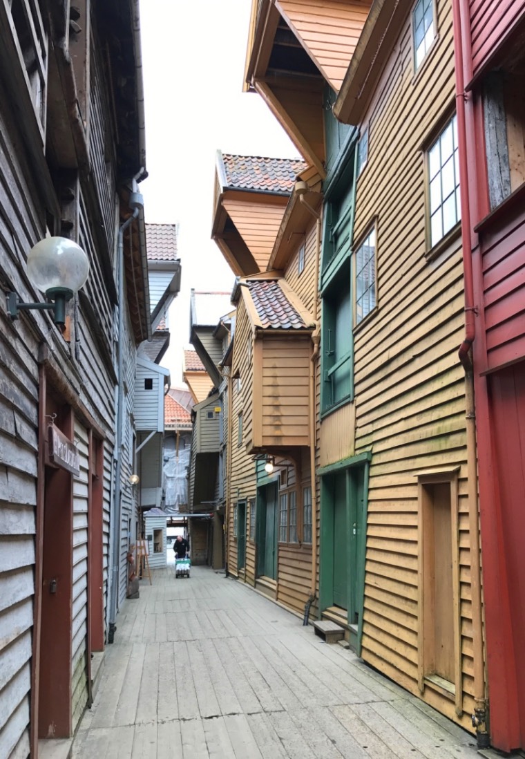 The alleyways of Bryggen in Bergen, Norway.