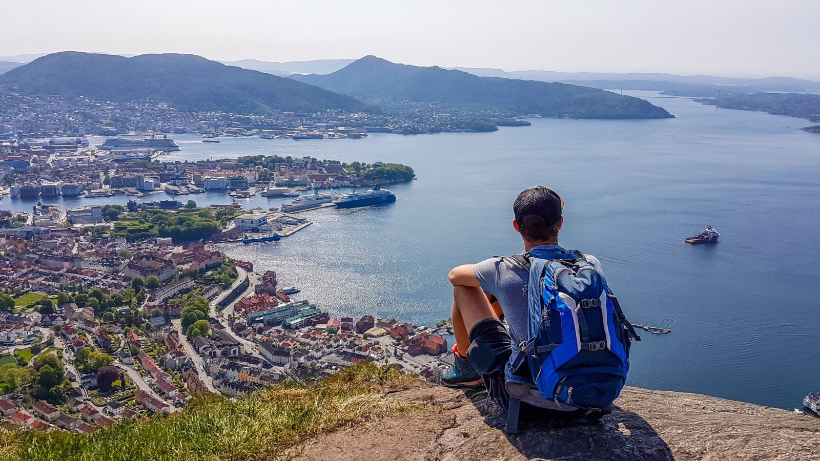 Hiker taking in the view of Bergen, Norway.