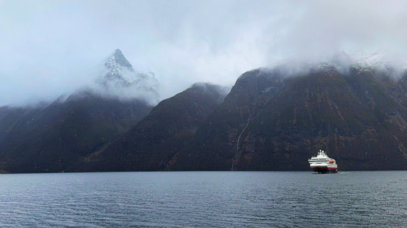 Hurtigruten ship in the Hjørundfjord. Photo: David Nikel.