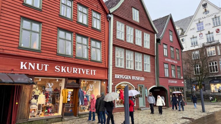 People shopping in Bryggen, Bergen. Photo: David Nikel.