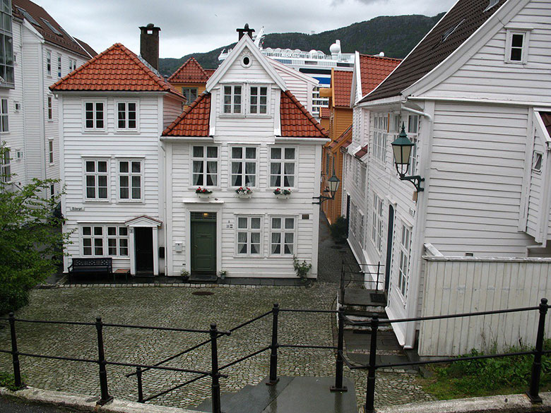 Traditional white houses in Bergen, Norway