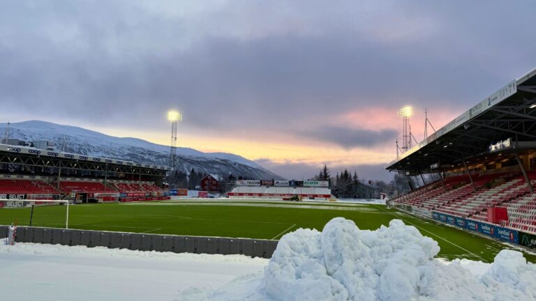 Snow at Tromsø's football ground in early November. Photo: David Nikel.