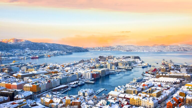 View across Bergen with a yellow sky.