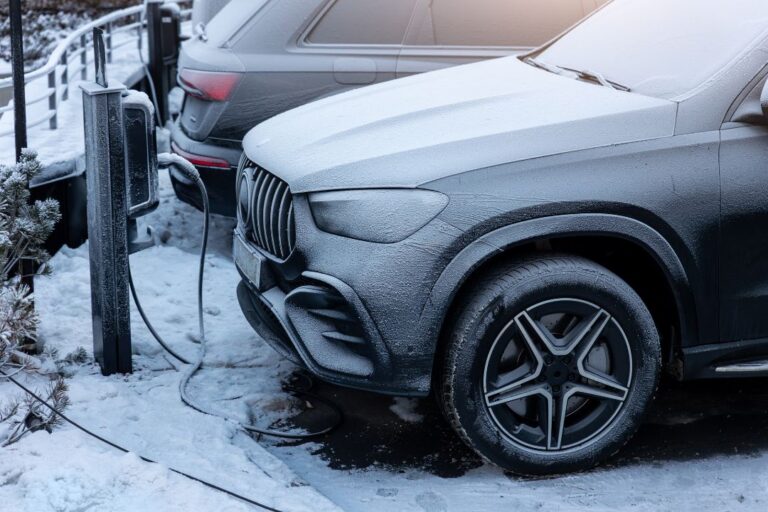 Electric car charing station in the winter.