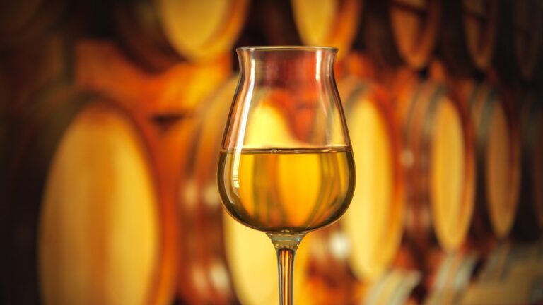 Glass of aquavit with oak barrels in the background.