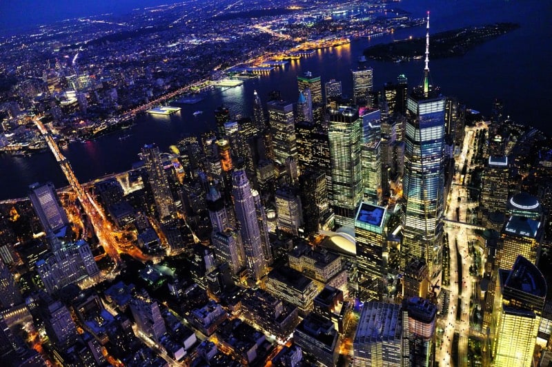 New York cityscape at night.