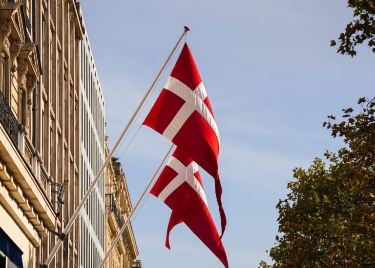 Danish flags flying in Copenhagen.