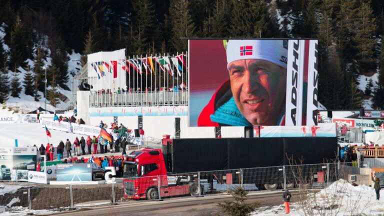 Screen of bronze medalist Ole Einar Bjørndalen (Norway), IBU World Championship Biathlon 2017, Hochfilzen, Austria. Photo: Anrephoto / Shutterstock.com.