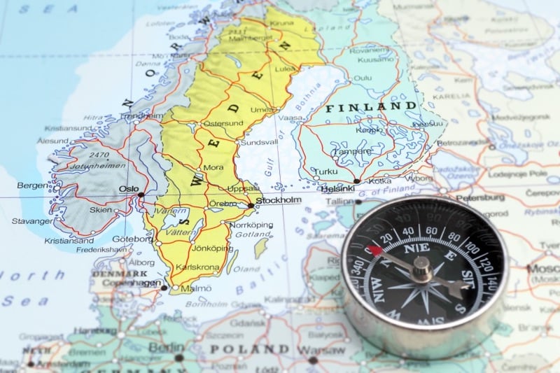 Norway and Sweden map and compass