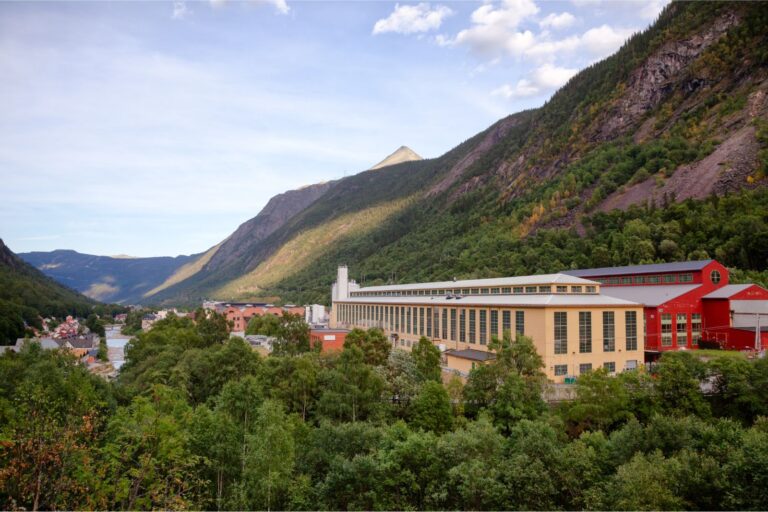 Aerial view of Rjukan, formerly a significant industrial center of saltpetre fertilizer production, now part of Rjukan-Notodden UNESCO Industrial Heritage Site.