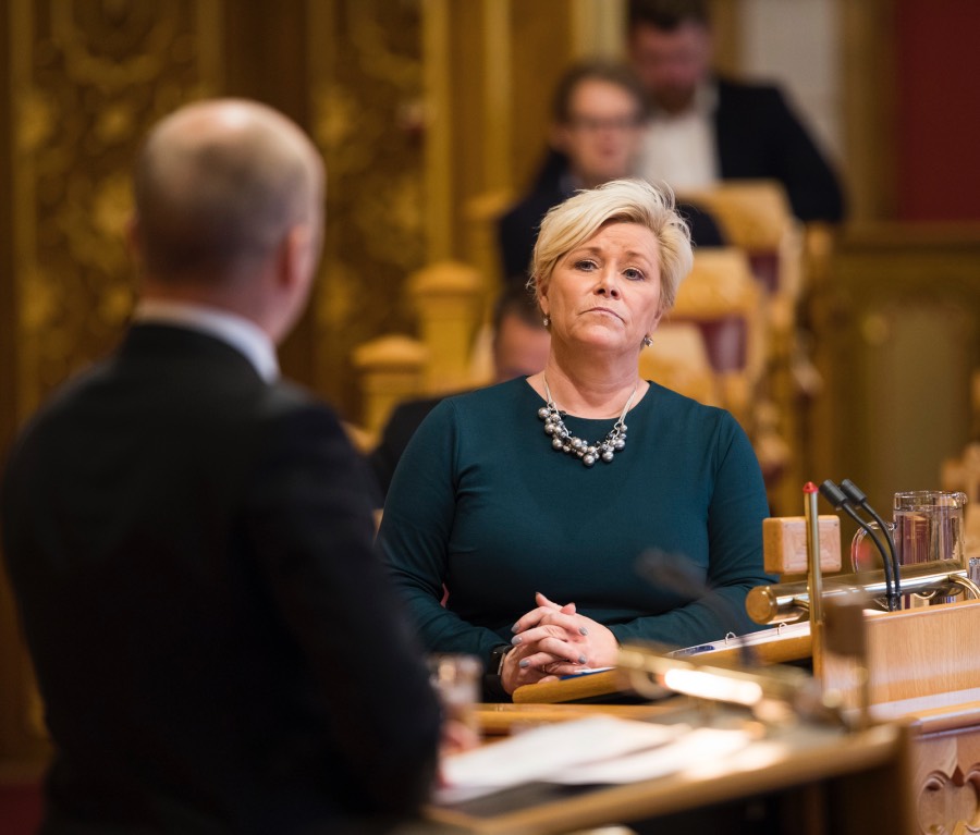 Siv Jensen speaking in Stortinget