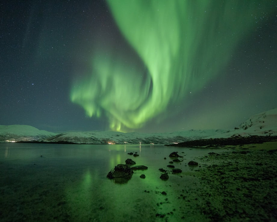 A stunning Aurora Borealis display above Tromsø, Norway, in the winter.