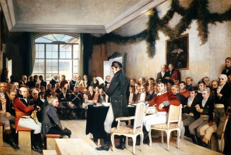 The signing of the Norwegian constitution at Eidsvoll on 17 May 1814.