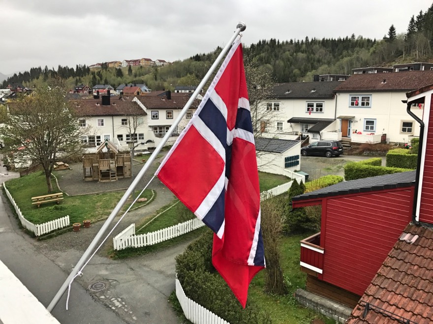 Norwegian flags outside a house on the 17th of May