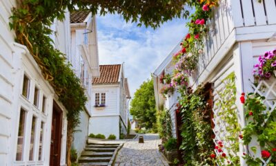 Street with white wooden houses in the old centre of Stavanger