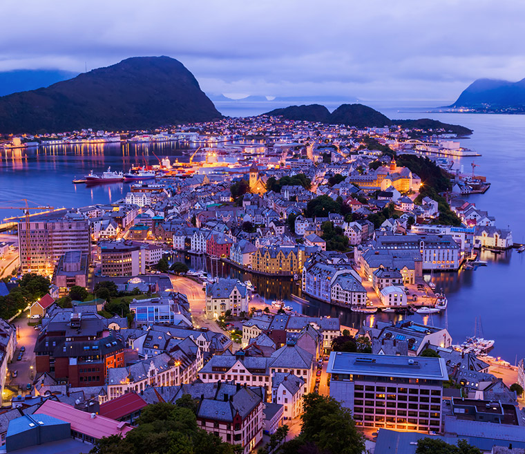 Alesund Norway by night from the Mount Aksla restaurant and viewpoint