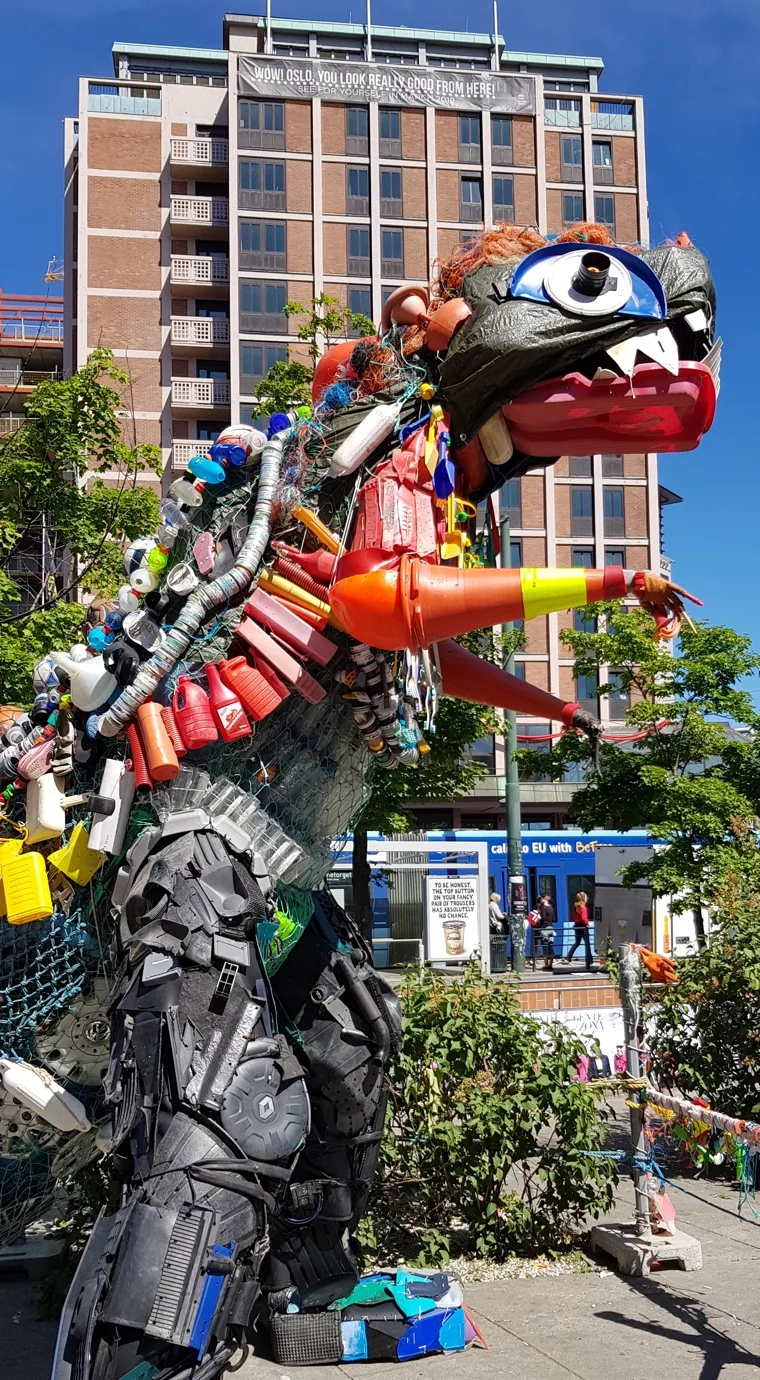 The sculpture Plastozilla in Oslo, Norway, is made from recycled plastic waste.