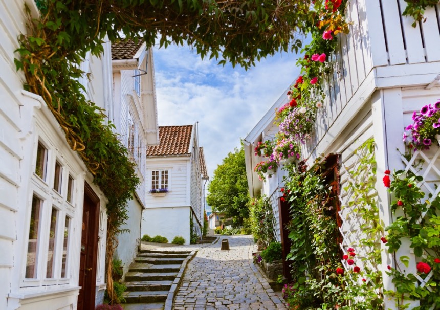 Street with white wooden houses in the old centre of Stavanger