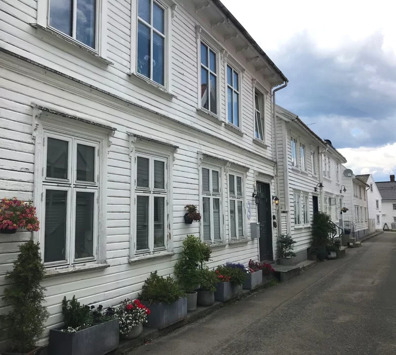 White houses on Bakkegaten in Flekkefjord, Norway