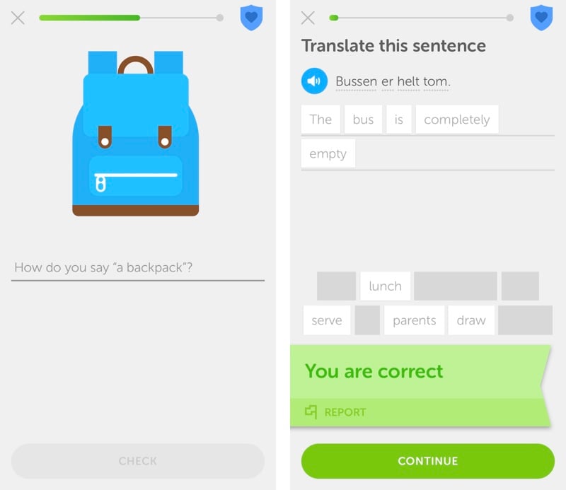 Screenshots from the Norwegian version of Duolingo