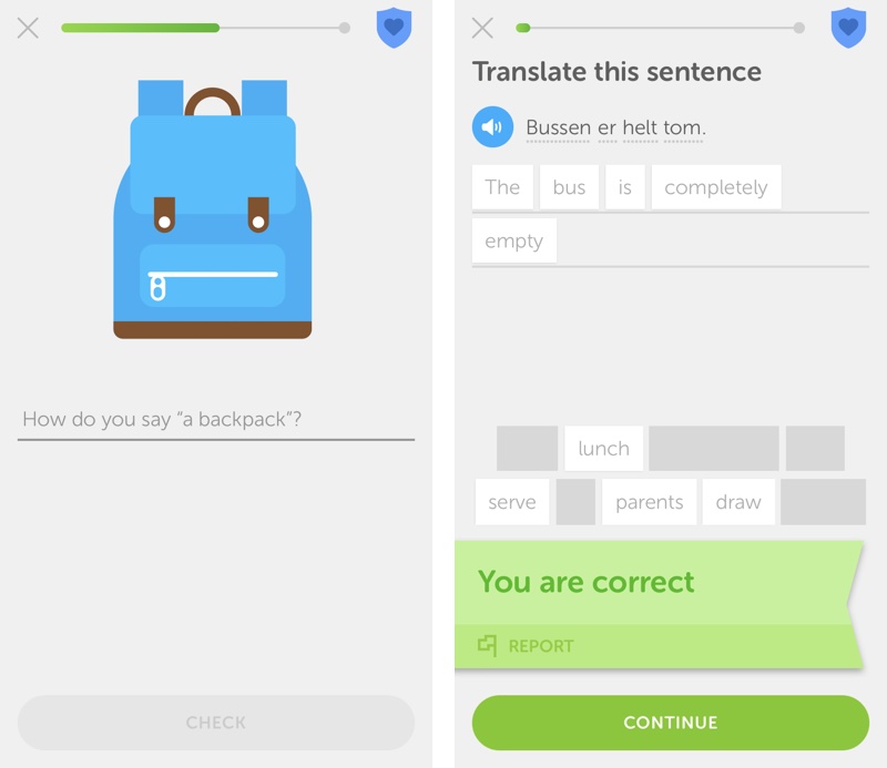 Screenshots from the Norwegian version of Duolingo