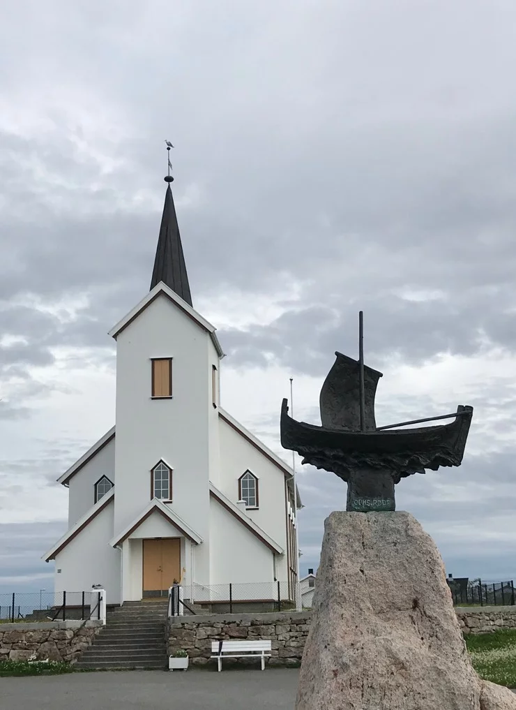 Røstlandet Church and ship sculpture