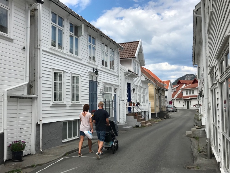 Walking down Fjellgaten in Flekkefjord, Norway