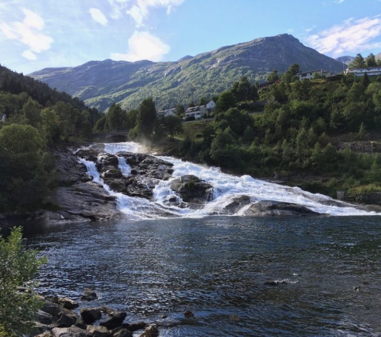 The waterfall in Hellesylt village.