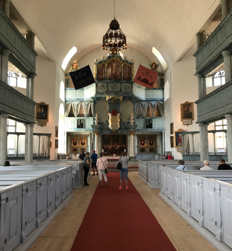 Inside the beautiful whitewashed stone church in Røros, Norway