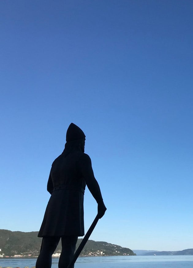 A statue of Leiv Eriksson watches the fjord in Trondheim, Norway