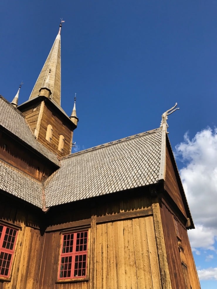 Exterior detail of Lom Stave Church in the Norwegian countryside.