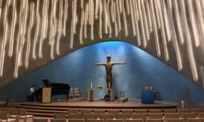 The spectacular interior of the Northern Lights Cathedral in Alta, Norway