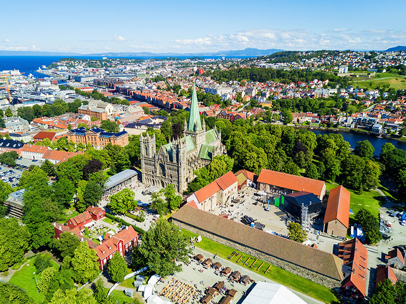 Trondheim city centre from above featuring Nidaros Cathedral