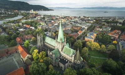 A drone shot of Trondheim city centre in Norway